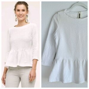 Anthropologie Women's Amadi Textured 3/4 Sleeve Peplum Top in White Size Small